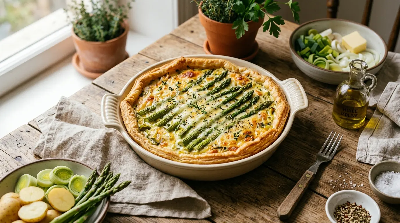 Golden leek, gruyere and asparagus flamiche tart with criss-crossed asparagus spears and black olives