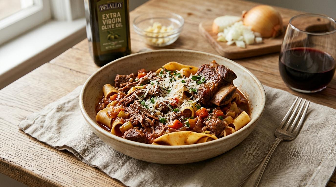 Braised short rib ragú tossed with pappardelle pasta, topped with ricotta and chives