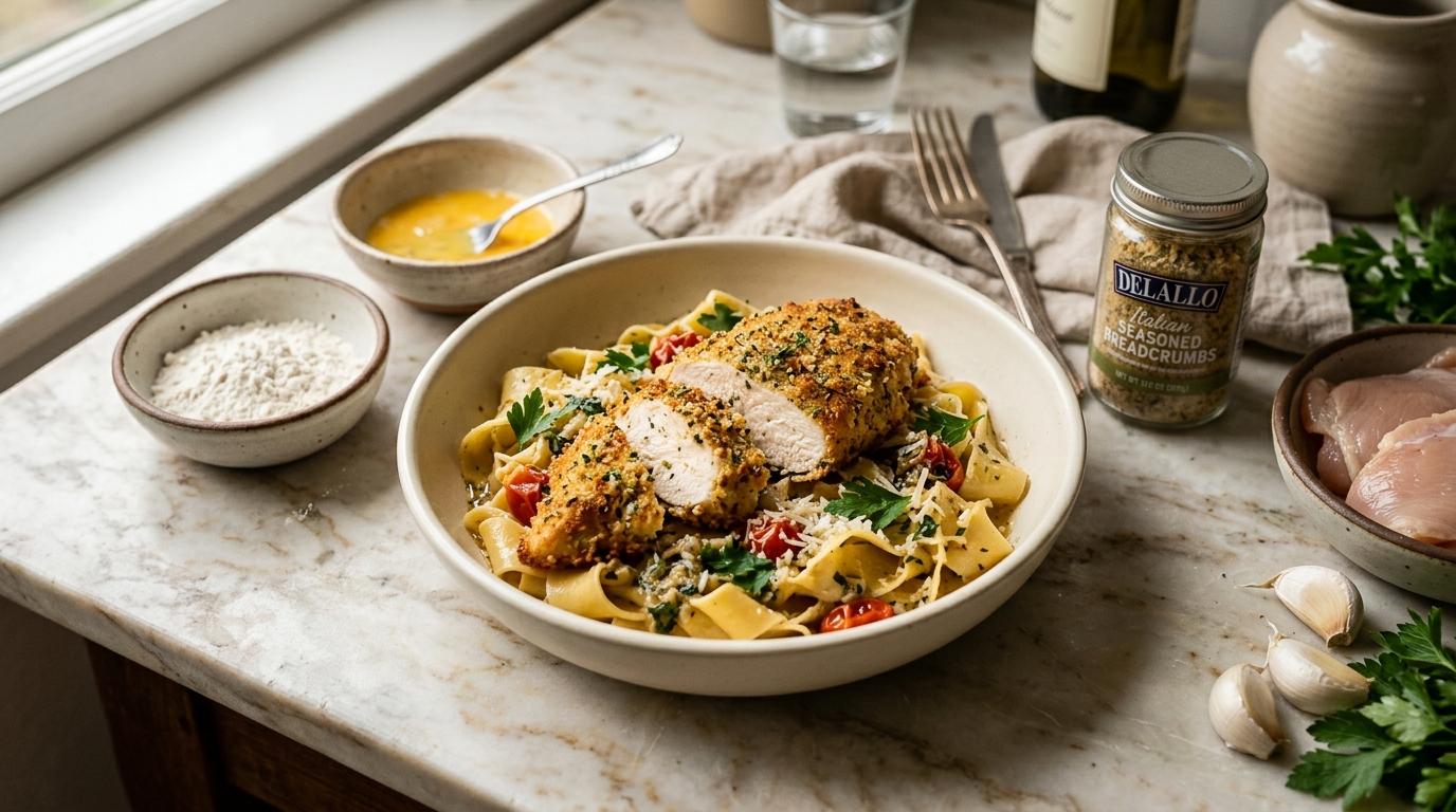 Breaded herb chicken sliced over garlicky pappardelle pasta with shaved Parmigiano-Reggiano