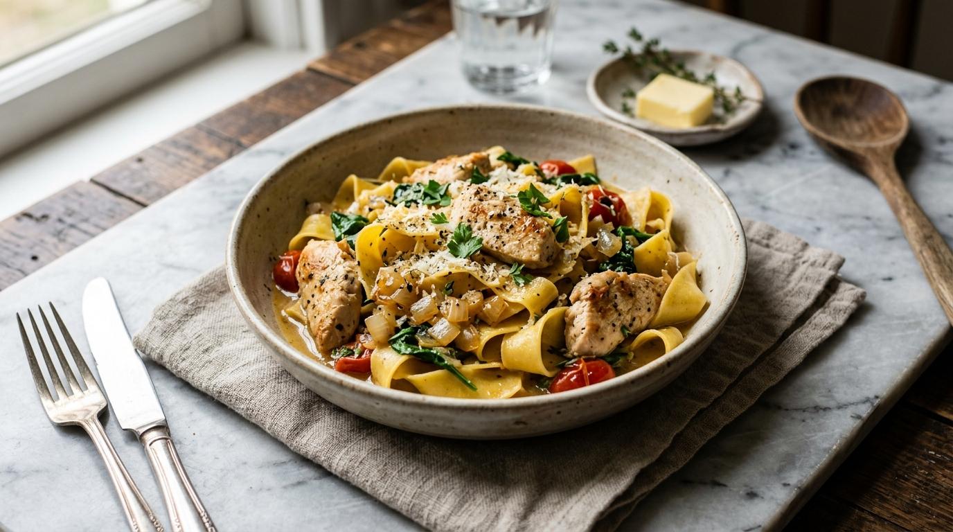 One pan chicken pappardelle with creamy tomato basil sauce and sliced chicken breast