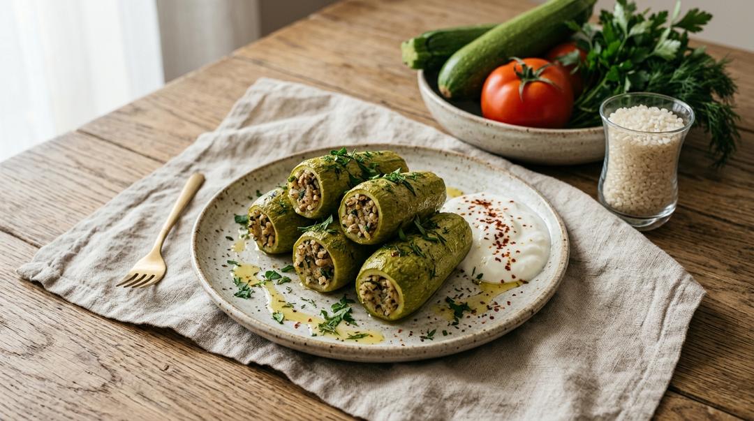 Turkish Kabak Dolması stuffed zucchini with rice and meat filling in tomato sauce, topped with garlic yogurt