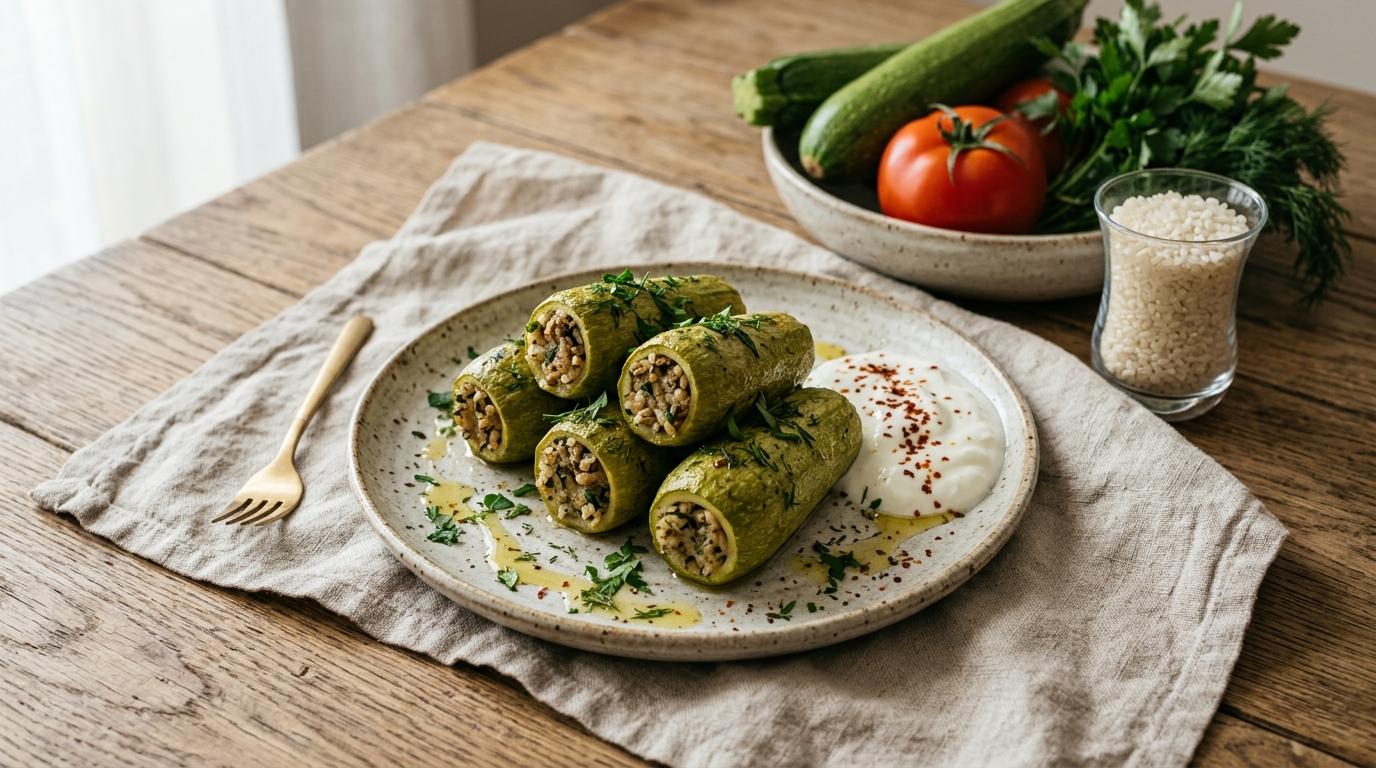 Turkish Kabak Dolması stuffed zucchini with rice and meat filling in tomato sauce, topped with garlic yogurt