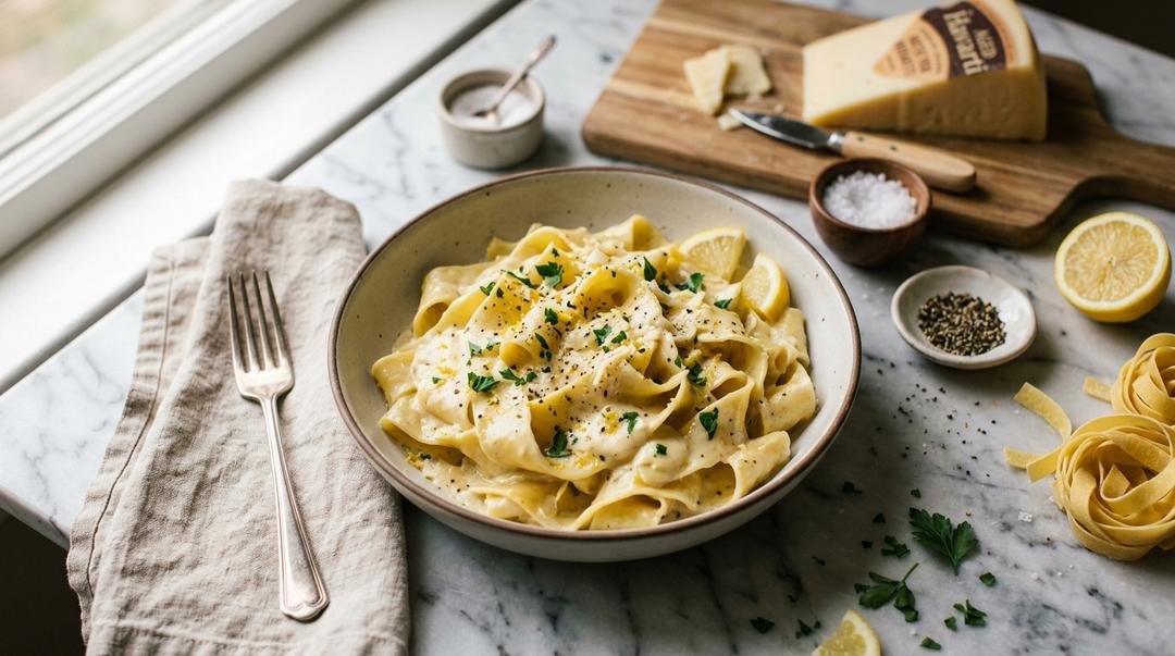 Creamy pappardelle pasta with lemon Havarti sauce and fresh herbs
