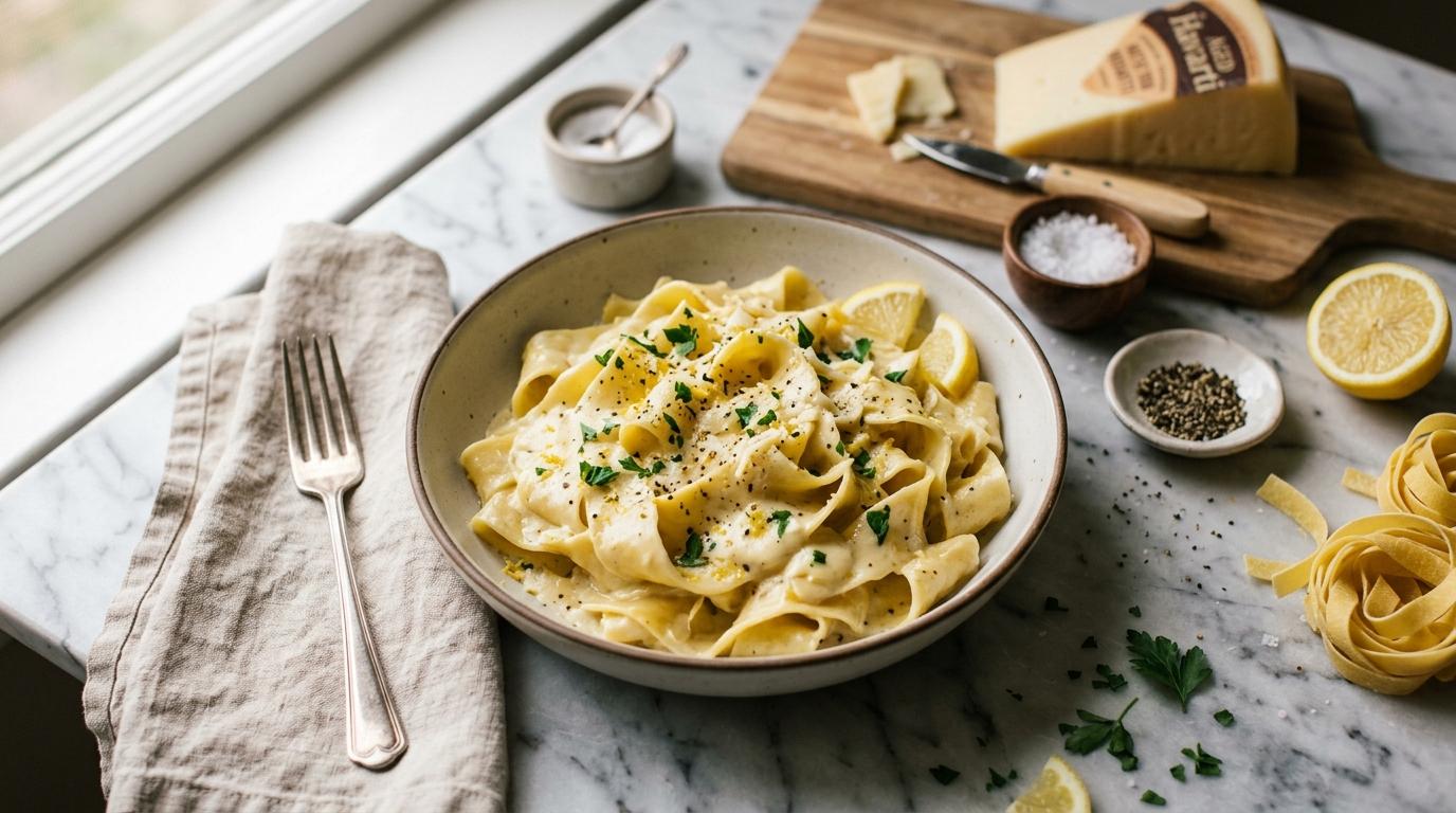 Creamy pappardelle pasta with lemon Havarti sauce and fresh herbs