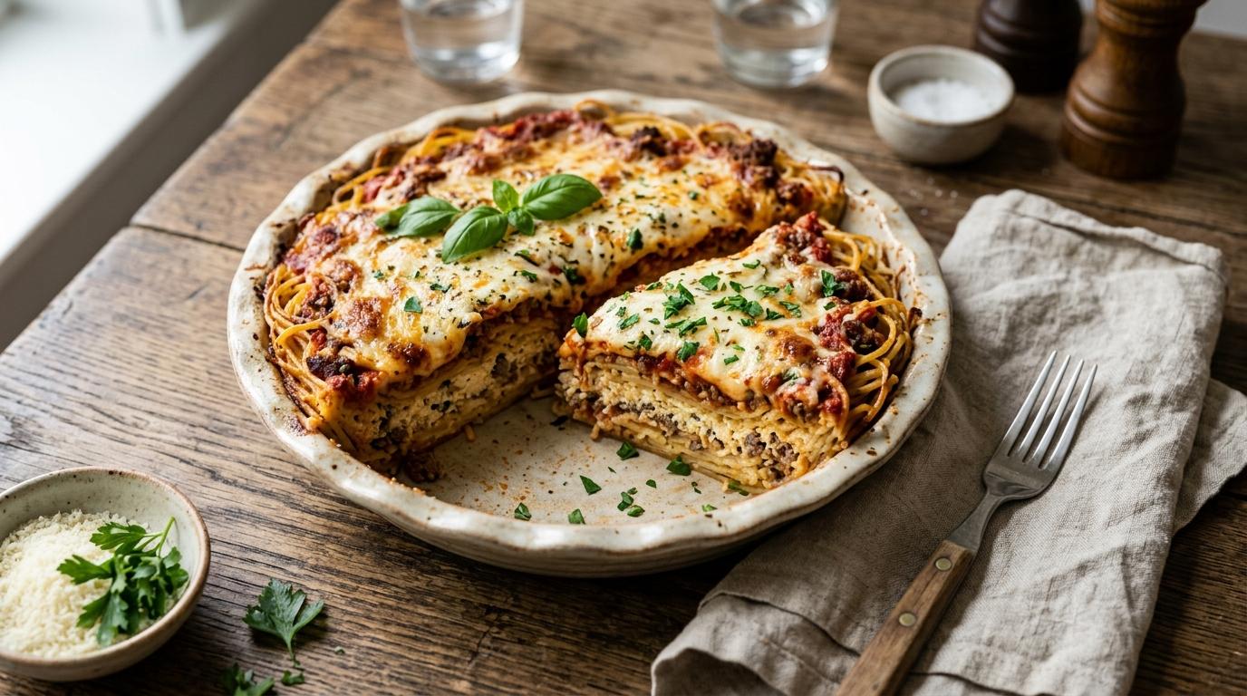 Sliced spaghetti pie with layered pasta, meat sauce, and melted mozzarella cheese