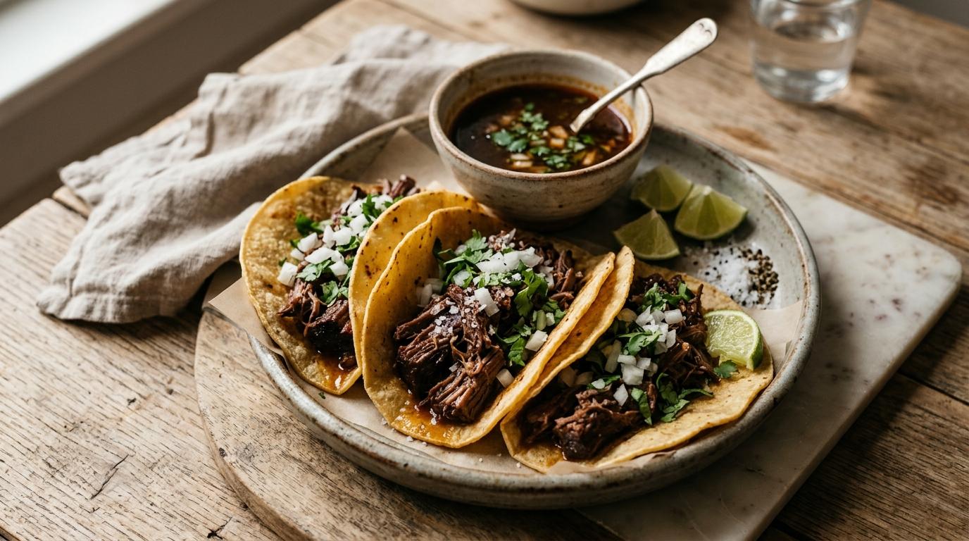 Crispy birria tacos with melted cheese served alongside a bowl of red consomé for dipping