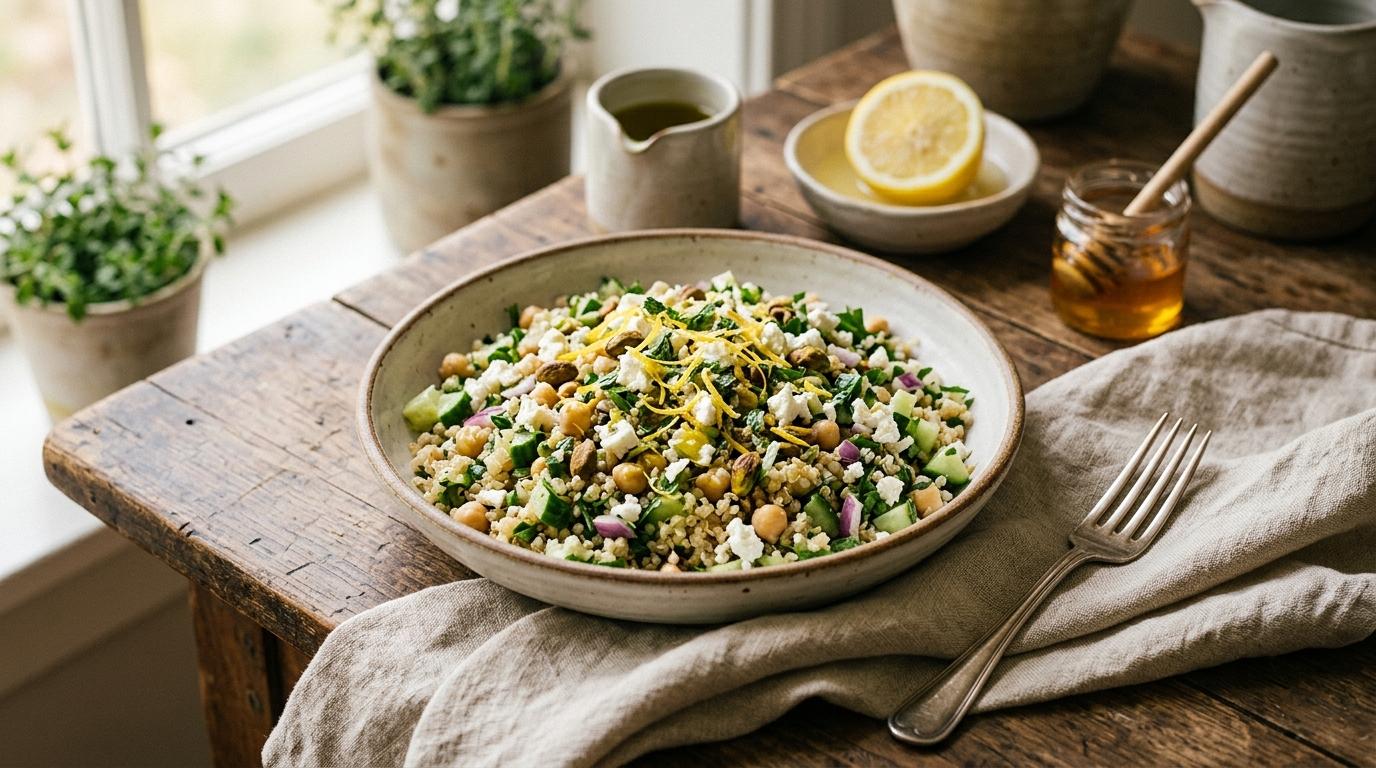 Jennifer Aniston salad with quinoa, chickpeas, feta, and pistachios in a bowl