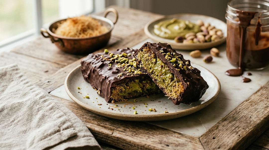 Dubai chocolate bar sliced open showing pistachio kunafa filling