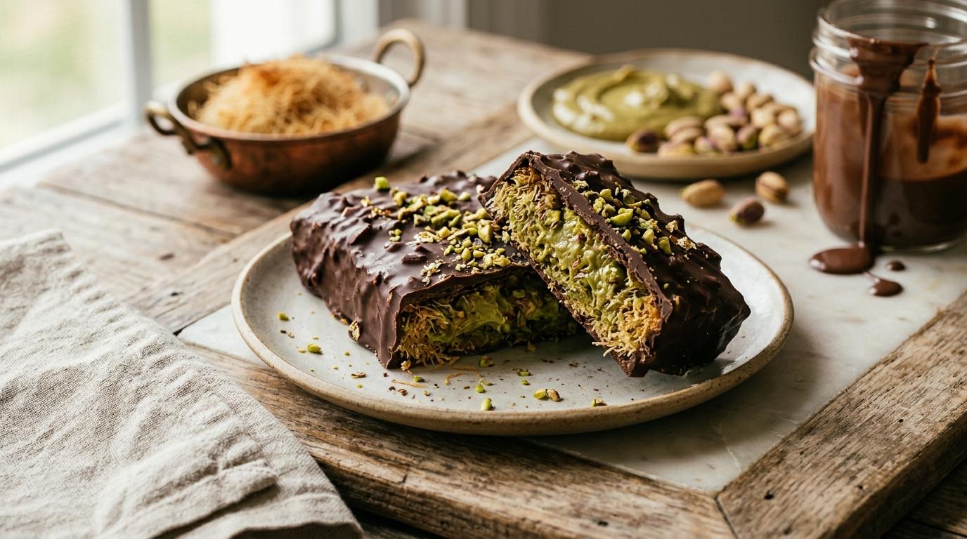 Dubai chocolate bar sliced open showing pistachio kunafa filling