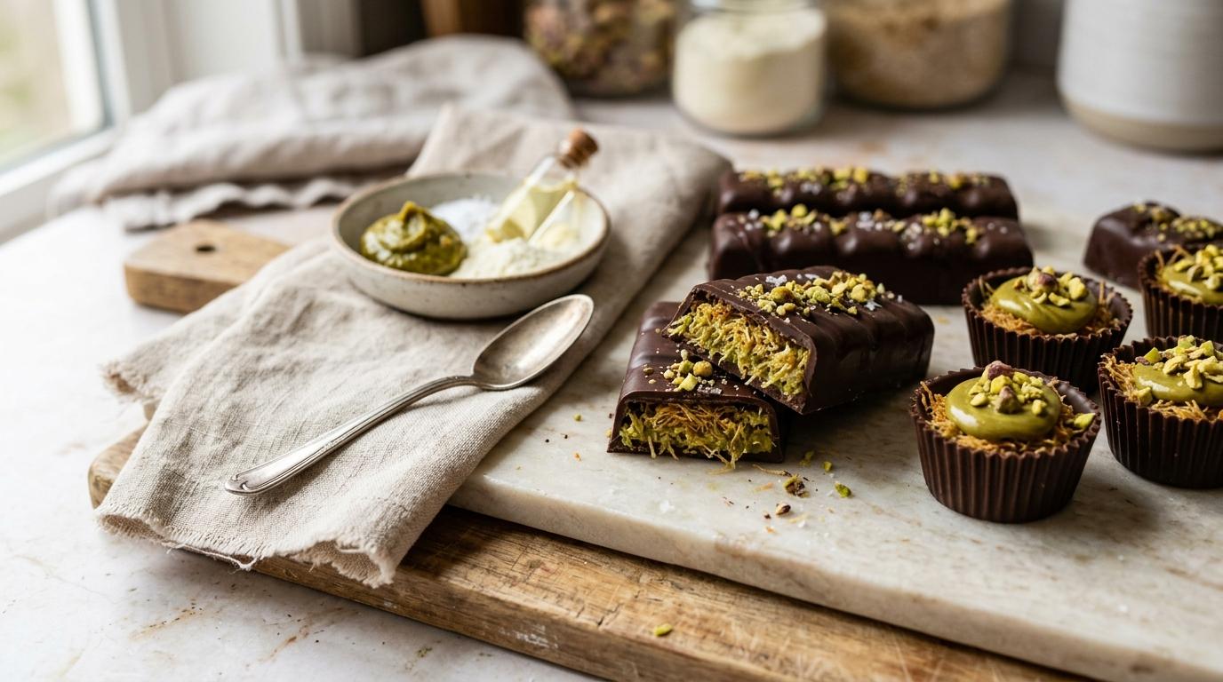 Homemade Dubai chocolate cups filled with pistachio kunafa and dark chocolate shell