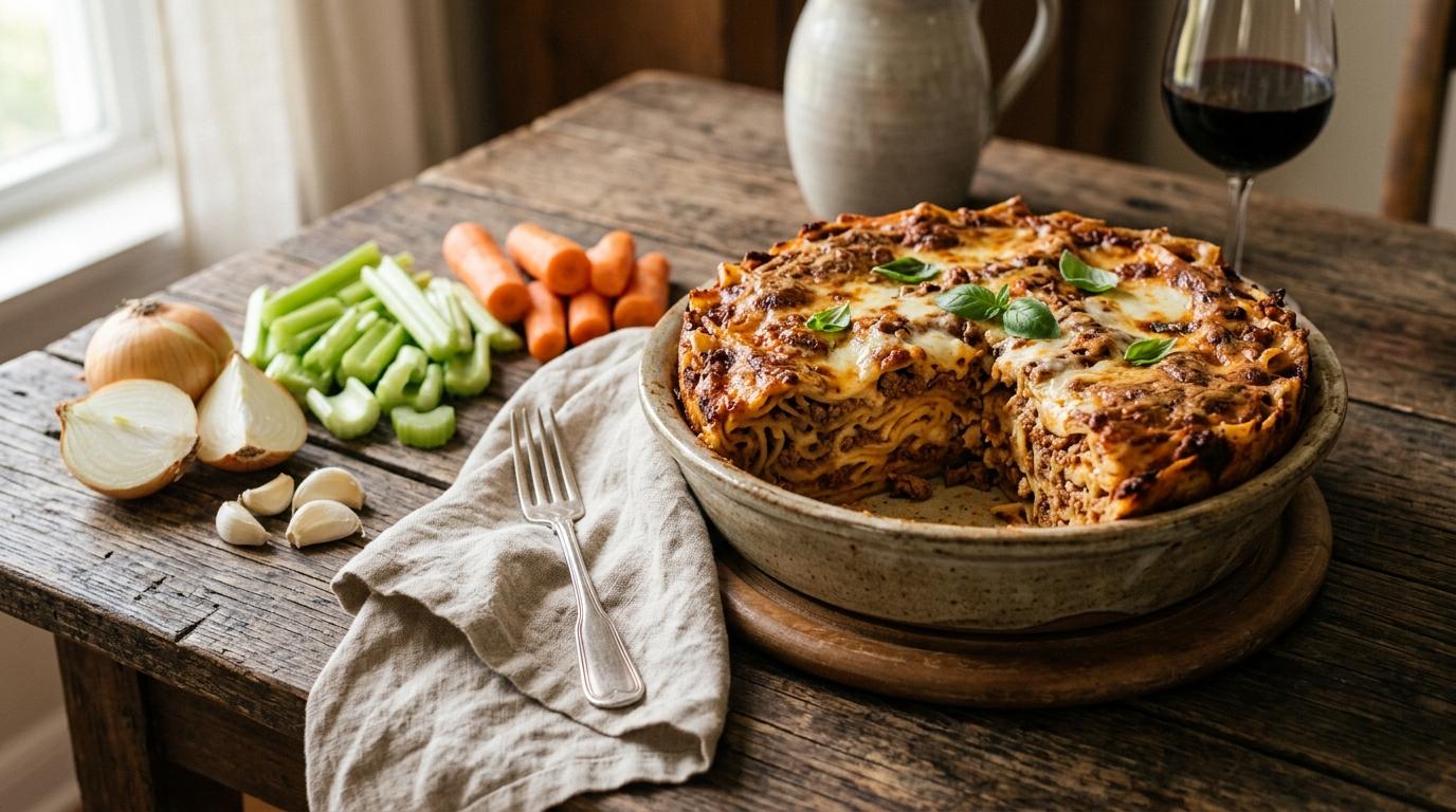 Golden baked Timpano di Maccheroni Italian pasta pie sliced open showing layers of pasta, meat, and cheese