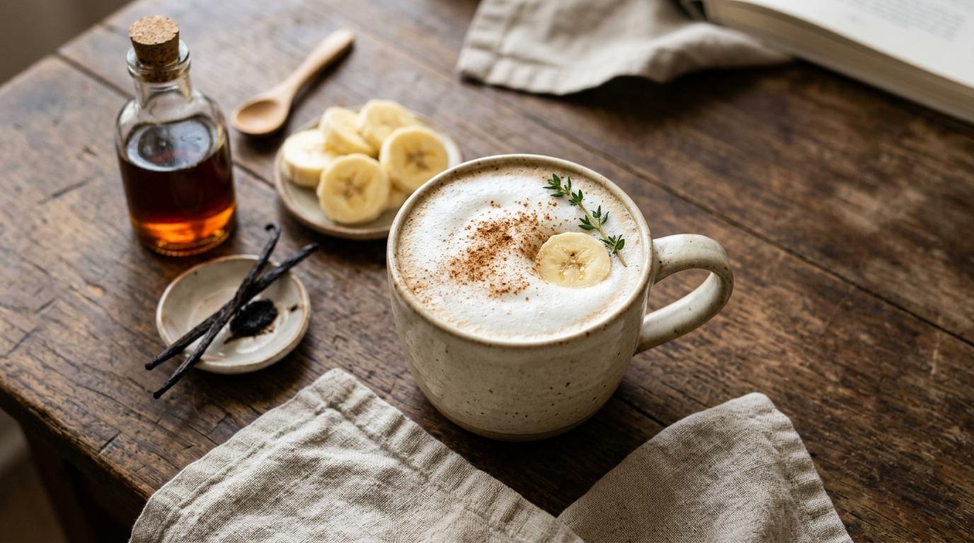 Iced banana bread latte topped with whipped cream and cinnamon dusting