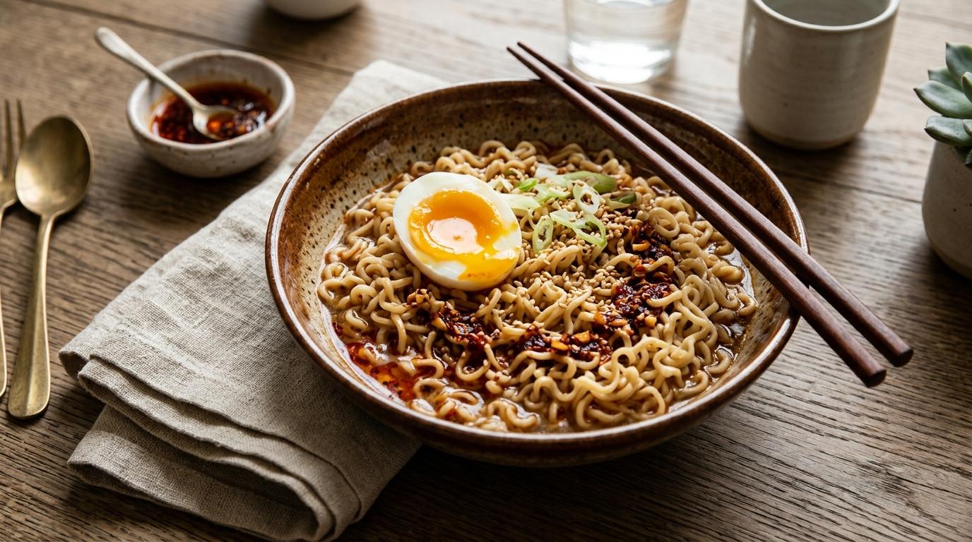 Bowl of viral TikTok ramen noodles with soft-boiled egg, spinach, and mushrooms in umami broth