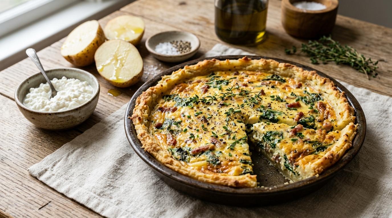Sliced mashed potato-crust quiche with spinach and cheddar filling on a serving plate