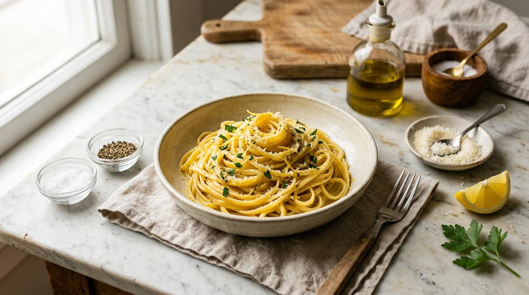 Bowl of linguine al limone topped with lemon zest, basil, and grated Parmigiano Reggiano