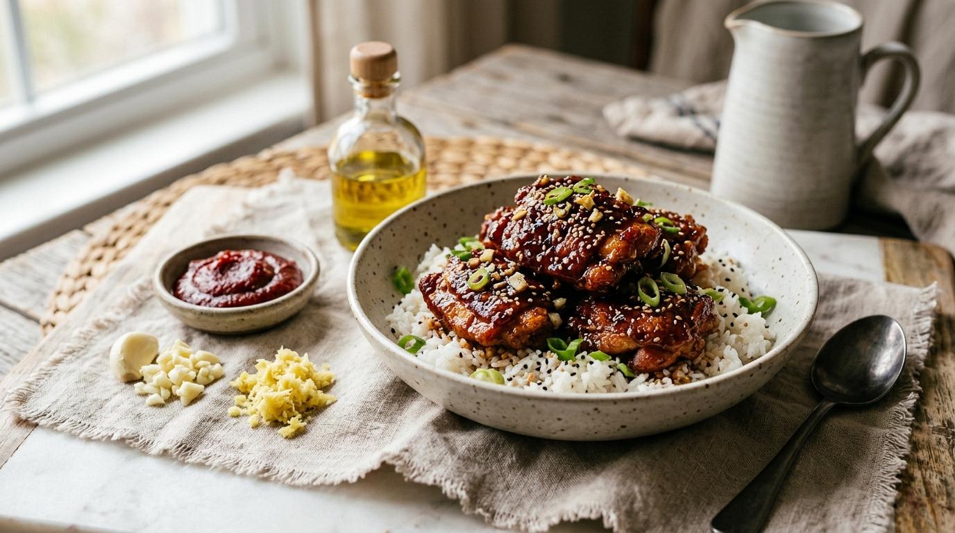 Sticky gochujang honey chicken glazed and roasted, garnished with scallions and sesame seeds