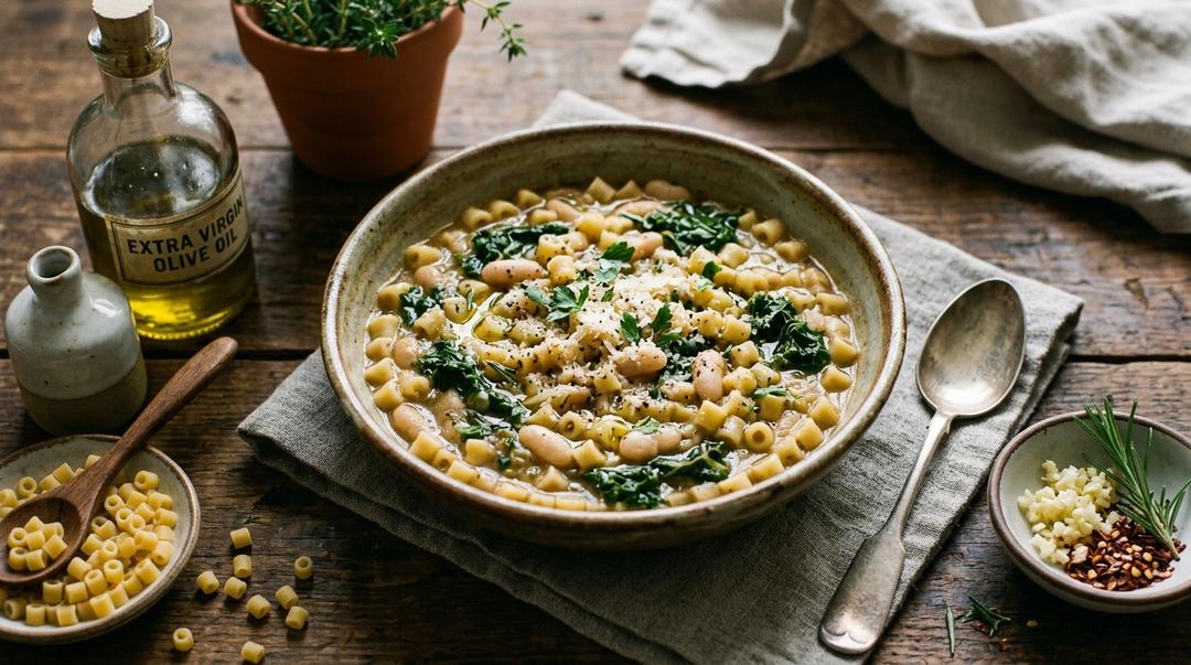 Creamy garlic ditalini pasta topped with parmesan cheese and fresh parsley in a white bowl