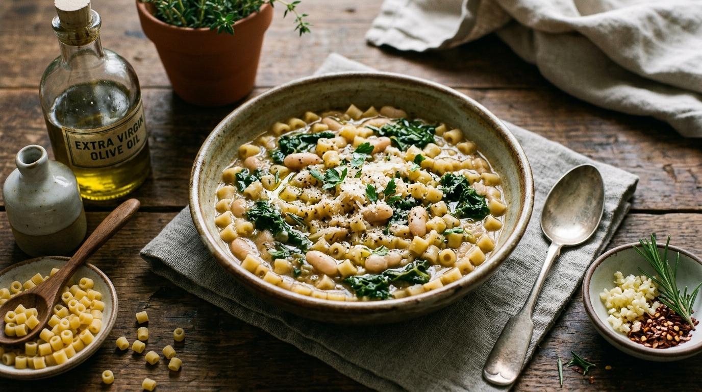 Creamy garlic ditalini pasta topped with parmesan cheese and fresh parsley in a white bowl