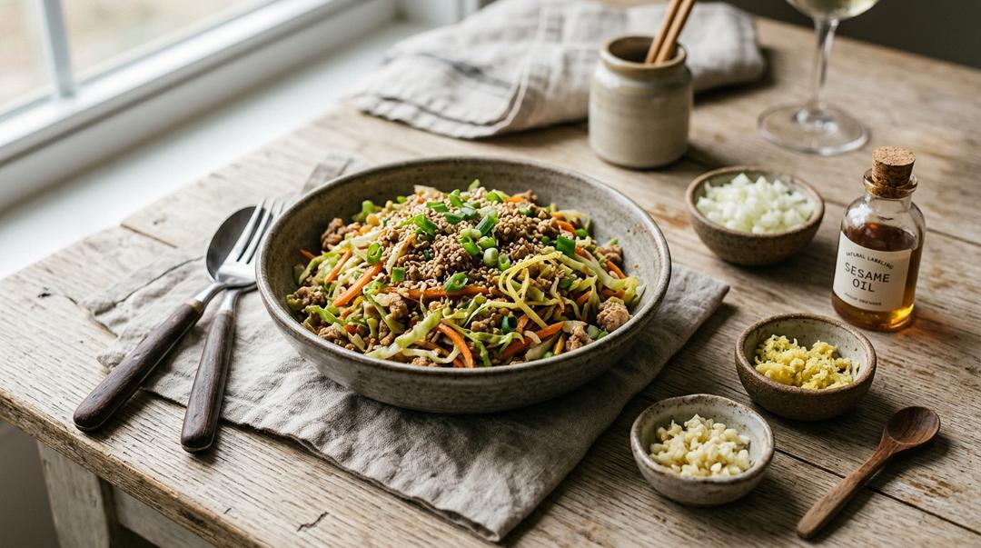 Skillet of egg roll in a bowl with ground turkey, cabbage, and green onions