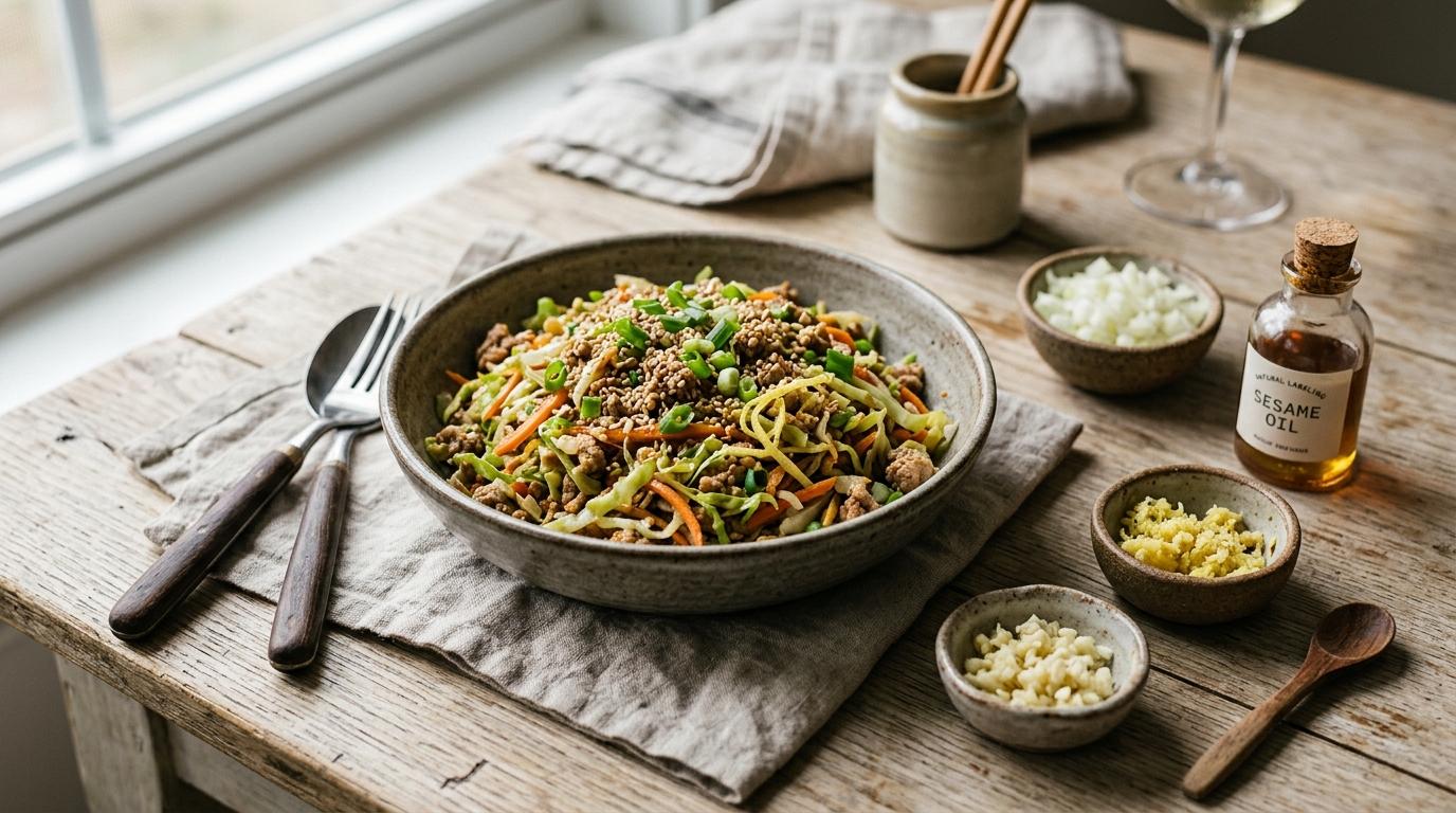 Skillet of egg roll in a bowl with ground turkey, cabbage, and green onions