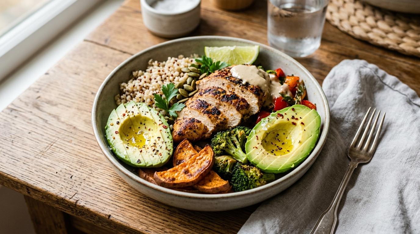 High-protein comfort bowl with rice, grilled chicken, avocado, roasted vegetables, and beans