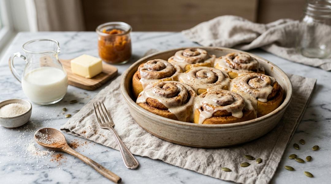 Stack of frosted pumpkin cinnamon rolls with maple cream cheese icing