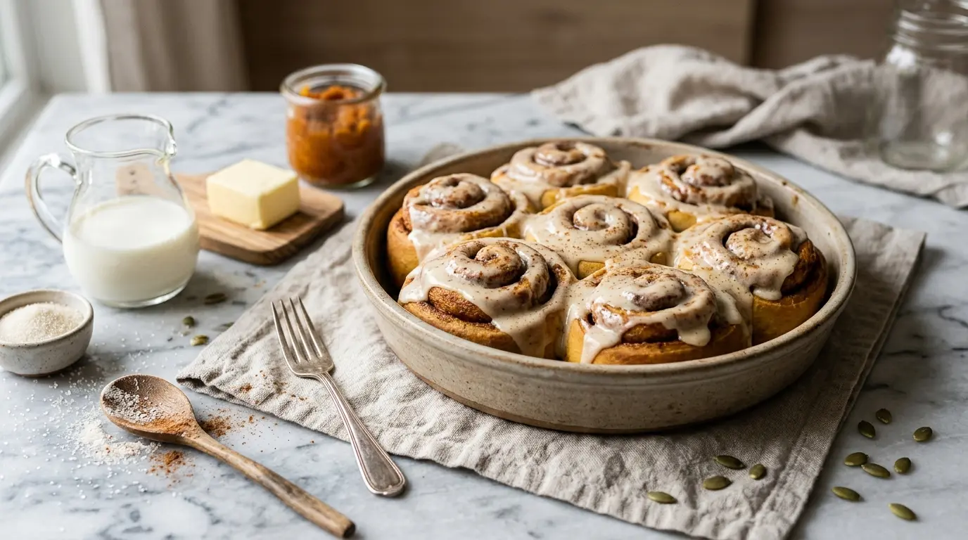 Stack of frosted pumpkin cinnamon rolls with maple cream cheese icing