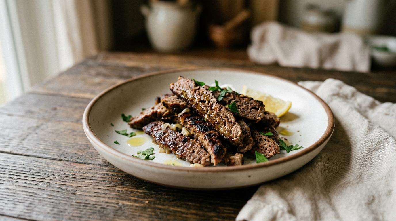 Crispy shaved-style gyro meat made from ground beef served in pita