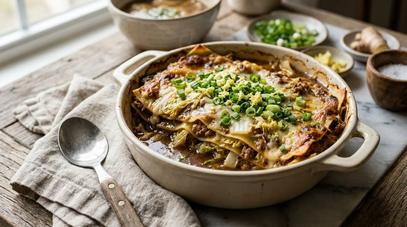 Layered soup dumpling lasagna in a ramekin with pork, napa cabbage, and wonton wrappers