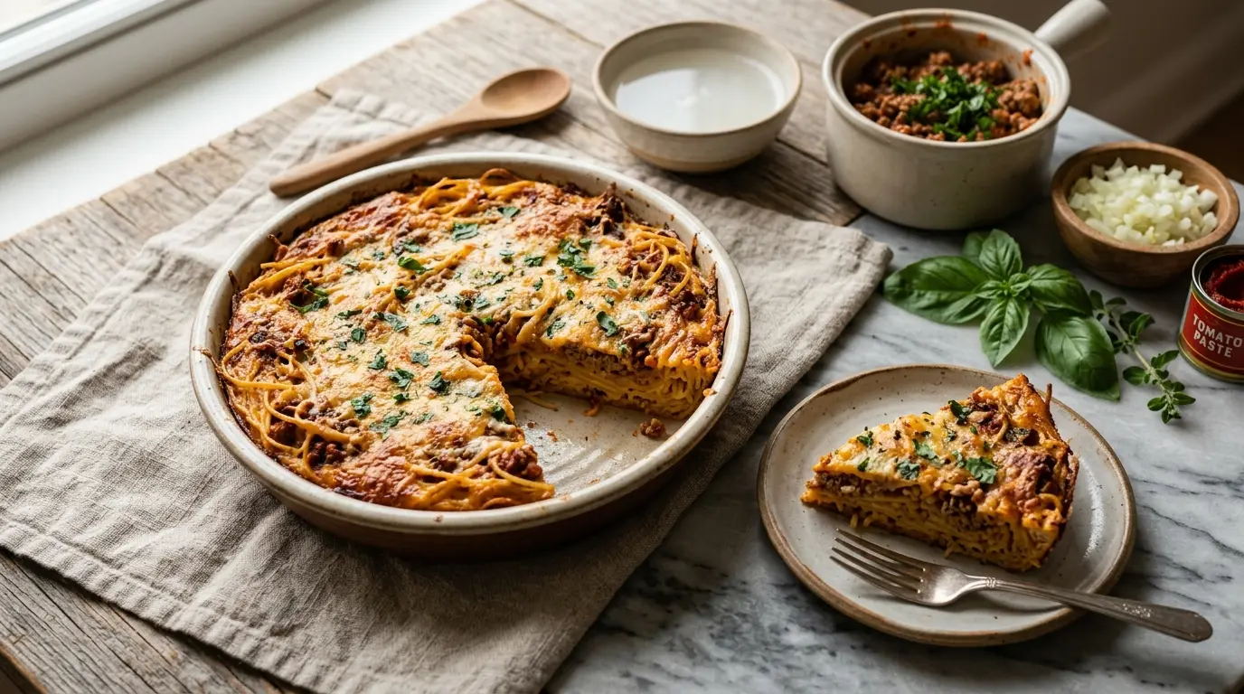 Sliced spaghetti pie showing layers of pasta, meat sauce, and melted cheese