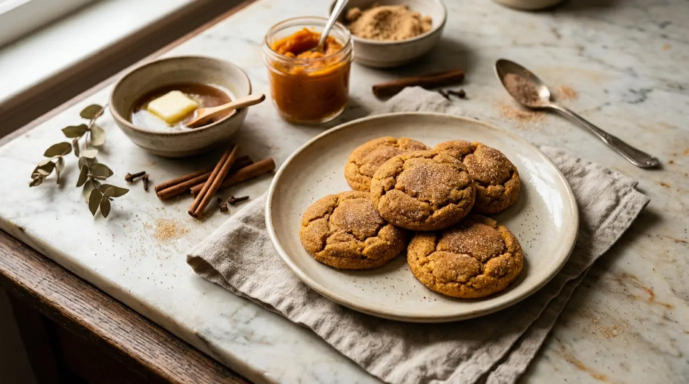 Soft pumpkin snickerdoodle cookies rolled in cinnamon sugar on a baking sheet