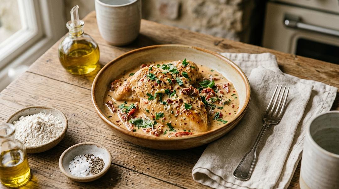 Marry Me Chicken breast in creamy sun-dried tomato Parmesan sauce with fresh basil