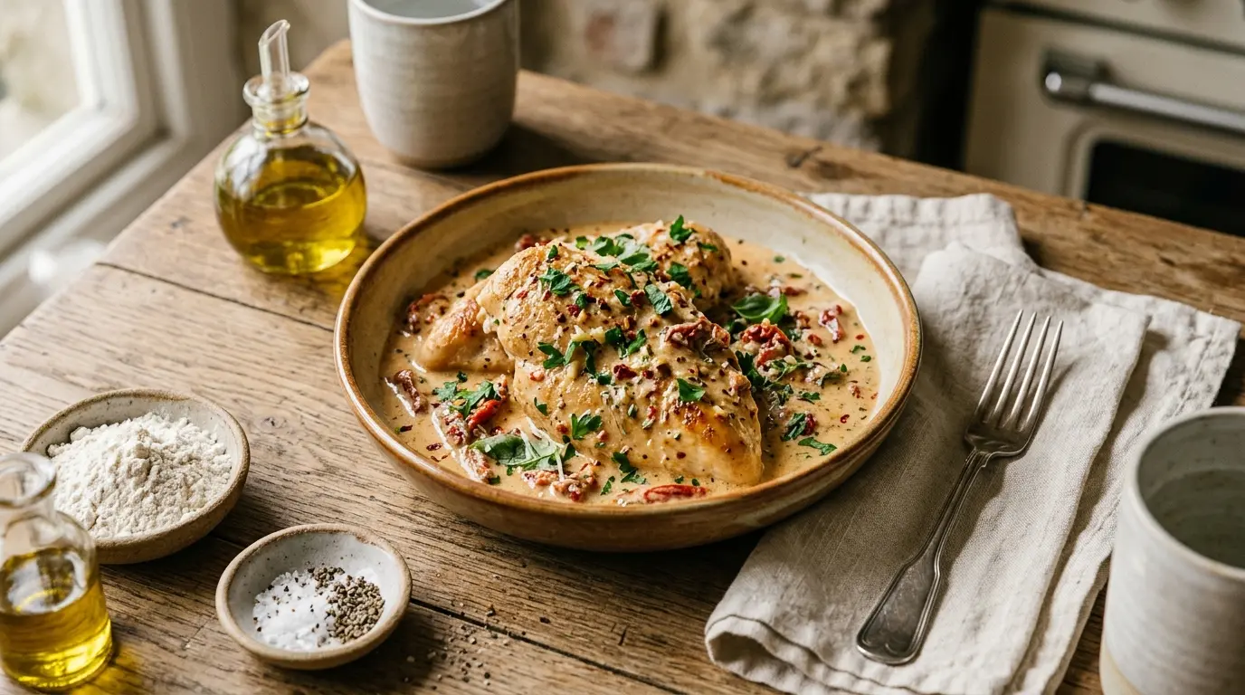 Marry Me Chicken breast in creamy sun-dried tomato Parmesan sauce with fresh basil