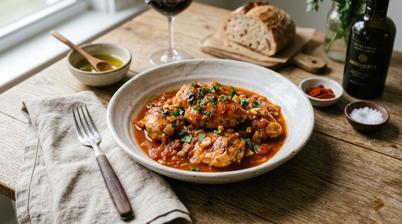 Spanish Chicken in Bravas Sauce with smoked paprika garnished with parsley