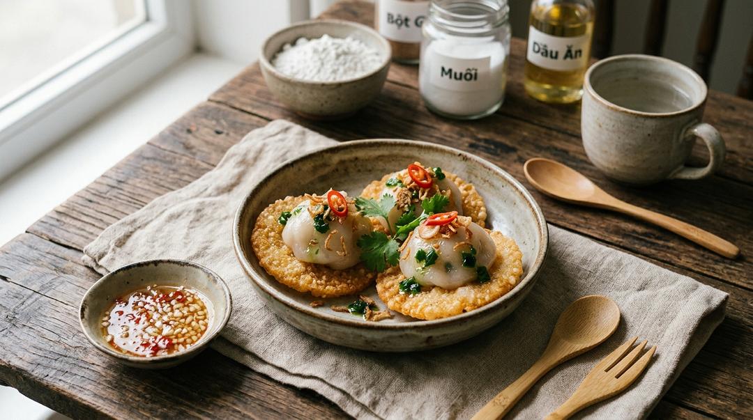Banh It Ram Vietnamese steamed dumpling stacked on crispy fried rice cake with scallion oil