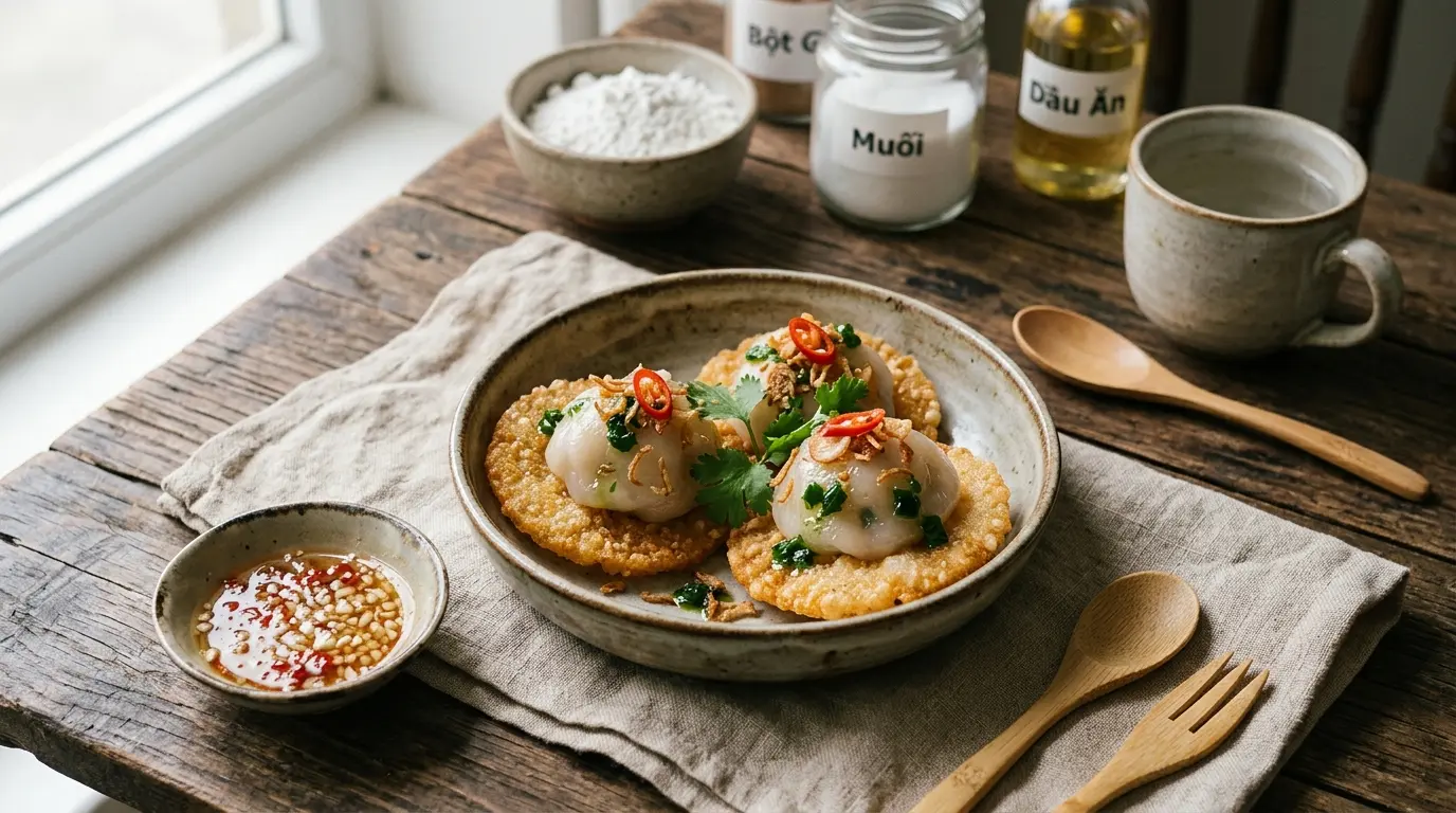 Banh It Ram Vietnamese steamed dumpling stacked on crispy fried rice cake with scallion oil