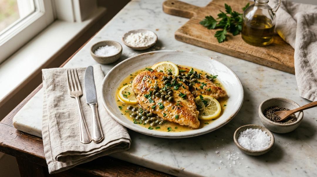 Chicken piccata cutlets in lemon butter caper sauce garnished with parsley