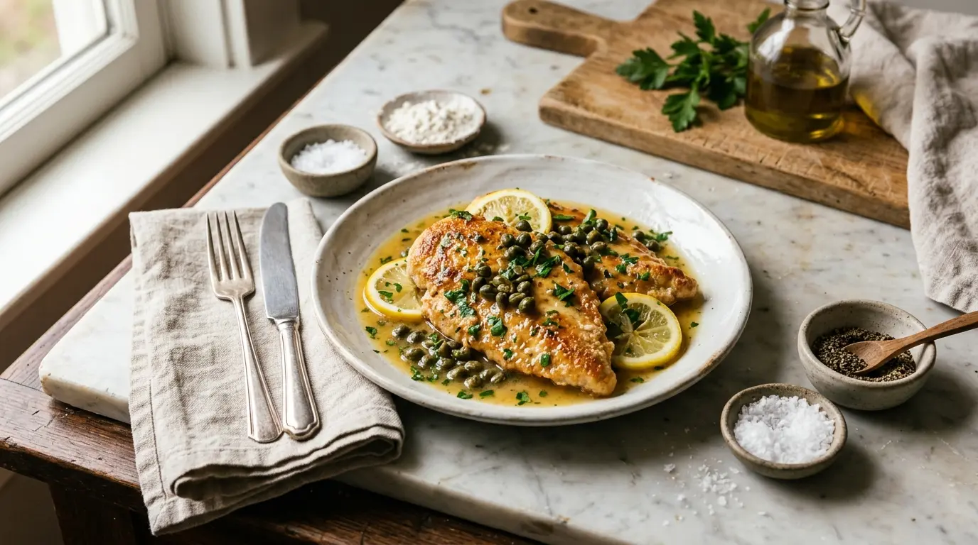 Chicken piccata cutlets in lemon butter caper sauce garnished with parsley