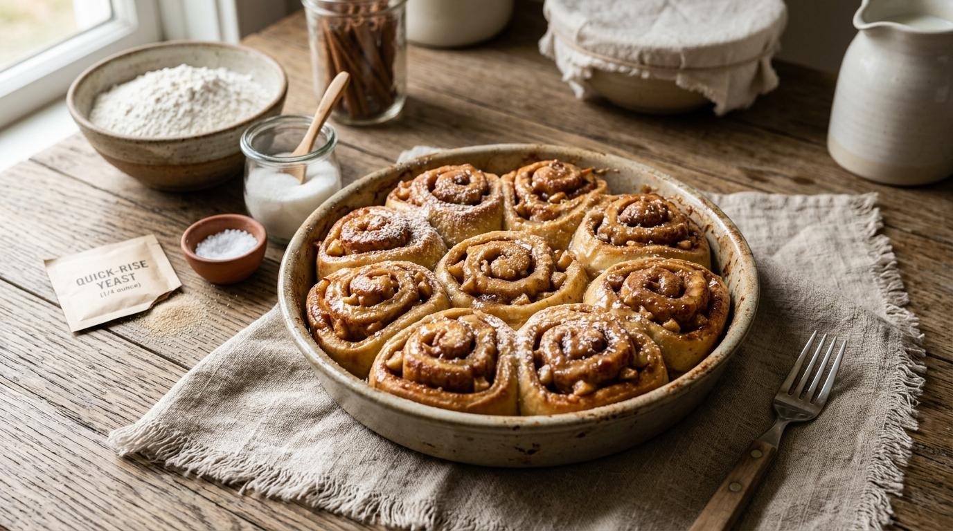 Freshly baked apple pie cinnamon rolls topped with cinnamon cream cheese frosting in a baking dish