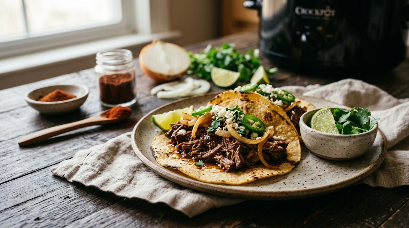 Crockpot chipotle honey pot roast tacos topped with avocado, cotija cheese, and cilantro