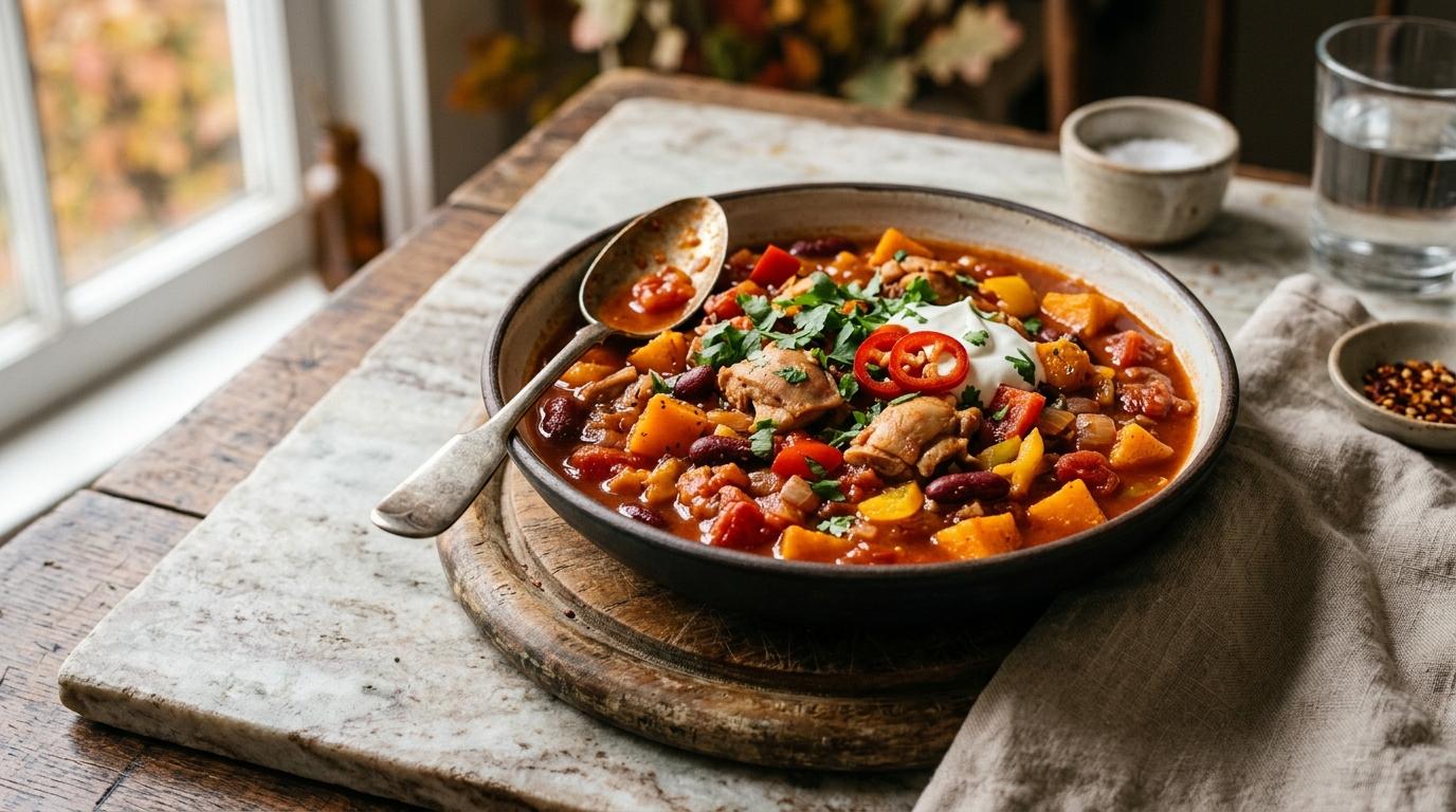 Creamy autumn chili with butternut squash, shredded chicken, and pumpkin seeds in a white bowl