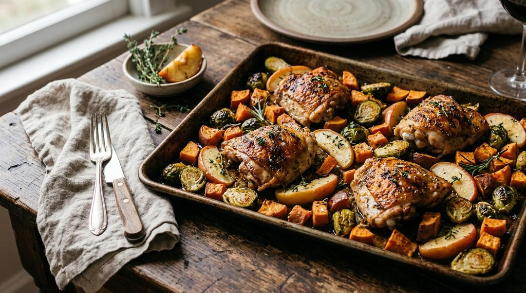 Sheet pan apple cider chicken thighs with roasted sweet potatoes, Brussels sprouts, and apples
