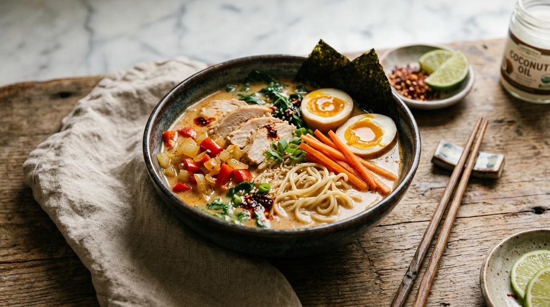 Bowl of creamy chicken ramen soup with coconut curry broth, vegetables, and lime