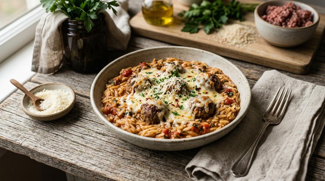 Skillet of cheesy meatball parm orzo topped with melted mozzarella and fresh basil