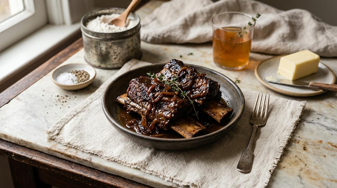 Cider braised short ribs with caramelized onions served over mashed potatoes