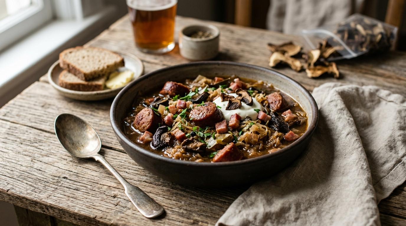 Bowl of Polish bigos stew with smoked sausage, sauerkraut and prunes