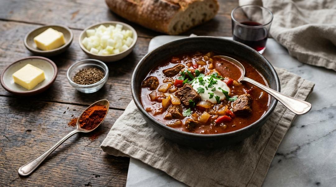 A pot of Hungarian goulash with tender beef, carrots, and potatoes in paprika broth