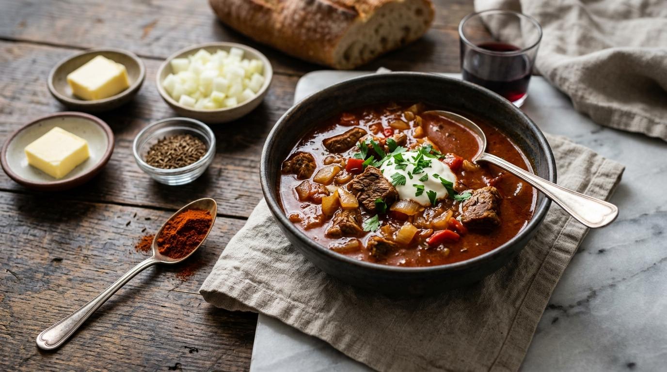 A pot of Hungarian goulash with tender beef, carrots, and potatoes in paprika broth