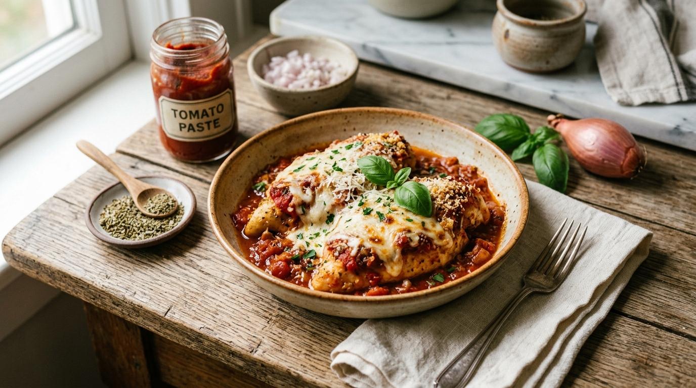 Crockpot chicken parmesan served over spaghetti with melted cheese and crispy parmesan breadcrumbs