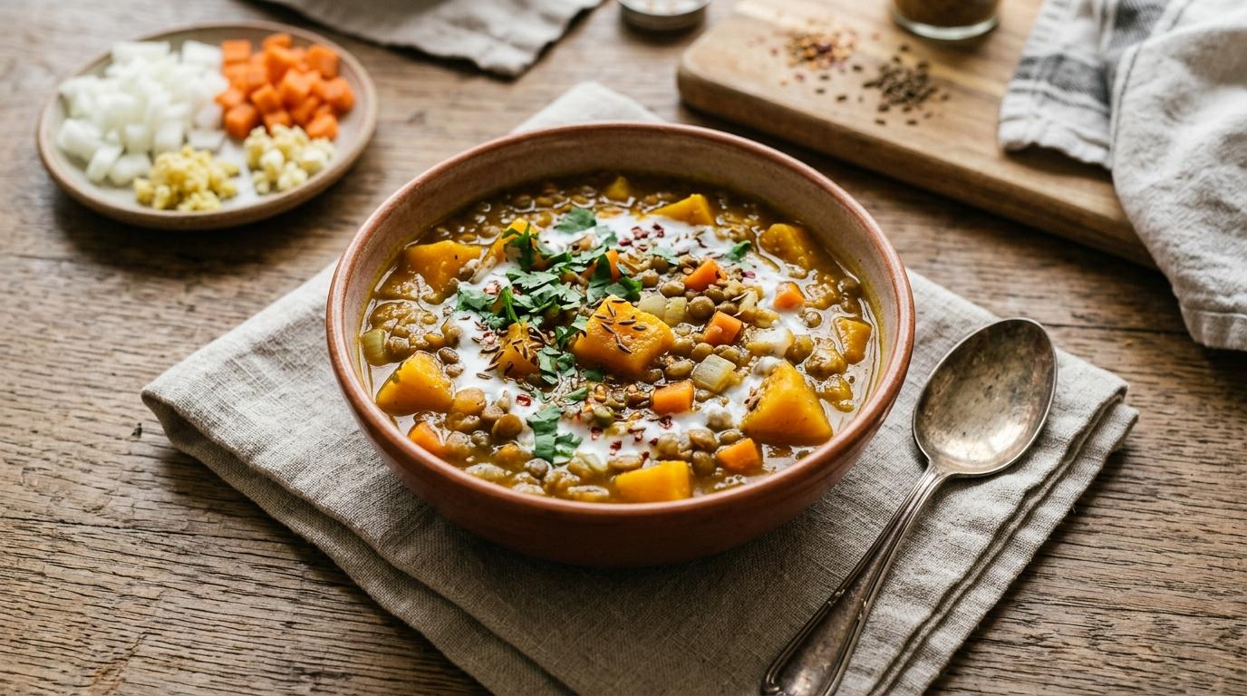 Bowl of curried butternut squash and lentil stew with spinach and apples